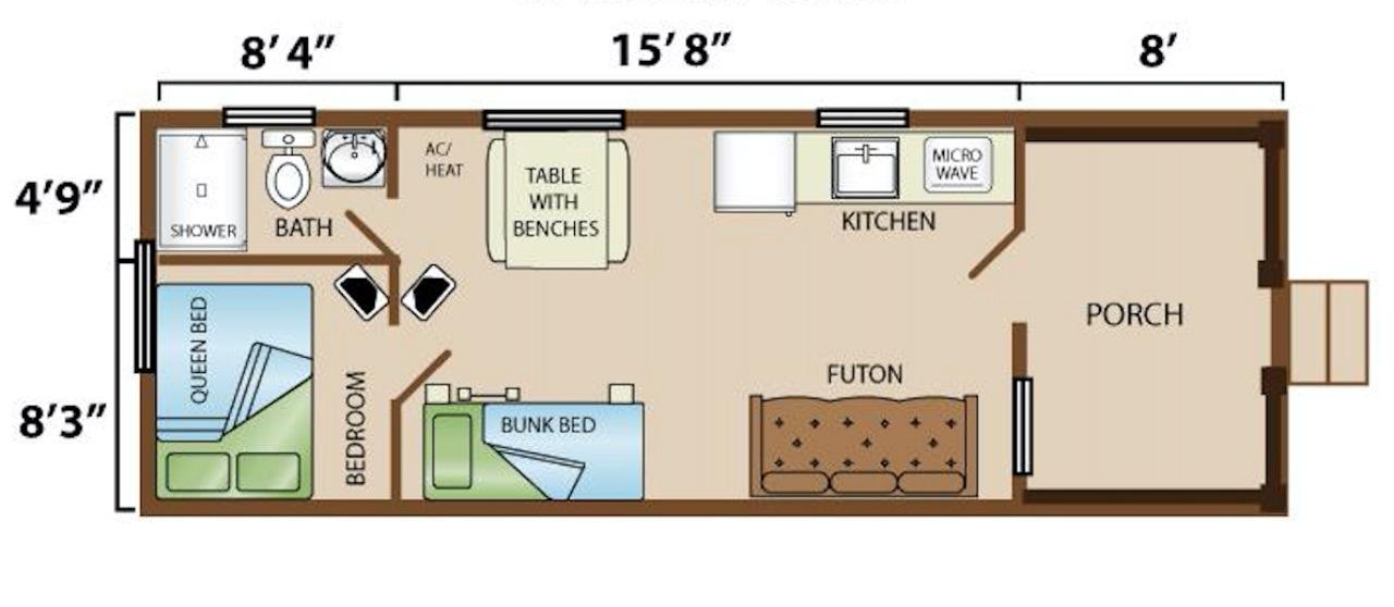 Floorplan for Ozark two room cabin rentals with bathroom and kitchenette
