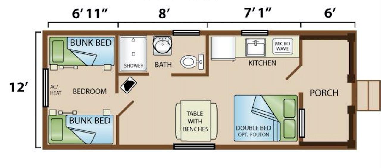 Floorplan for Deluxe two room cabin rentals with bathroom and kitchenette